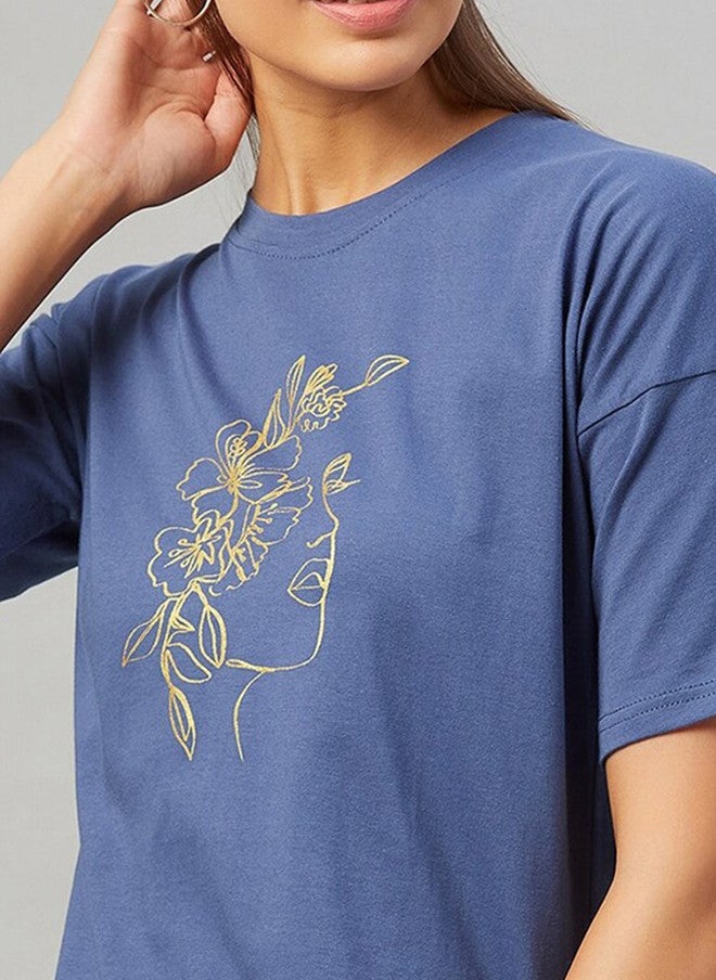 CHIMPAAANZEE Women Blue Solid Floral Print Drop Shoulder T-shirt - Image 2