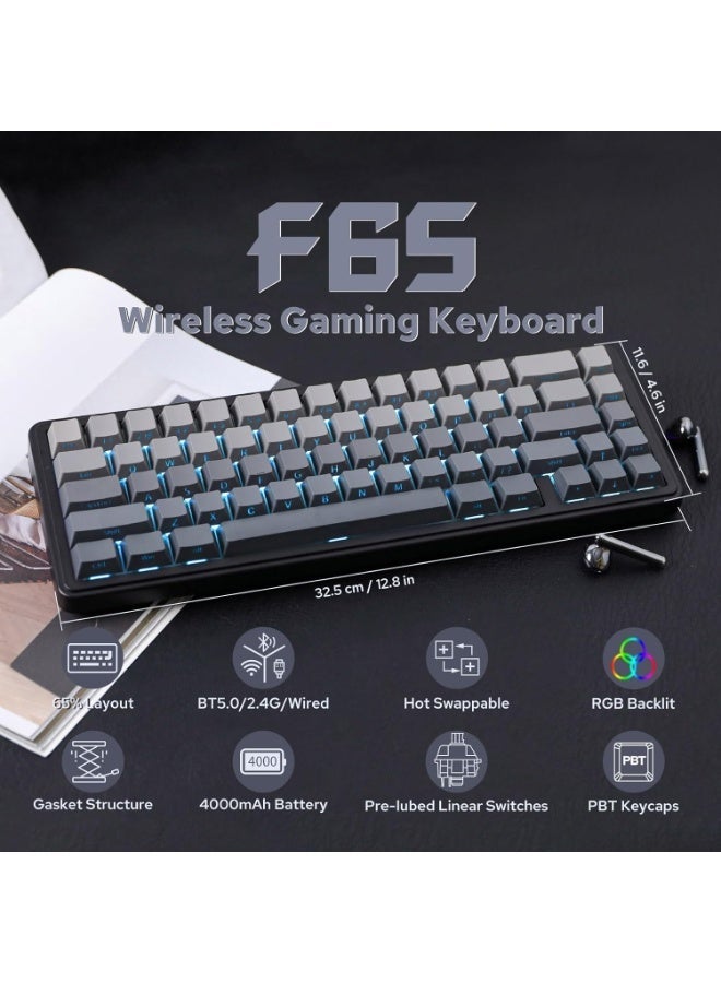 أولا كيبورد العاب ميكانيكي لاسلكي 65 من اولا F65 بحشية قابلة للتبديل السريع مع بطانة خمس طبقات اضاءة خلفية RGB بلوتوث/2.4GHz/USB-C اسود مفتاح V3 رمادي وود - Image 1