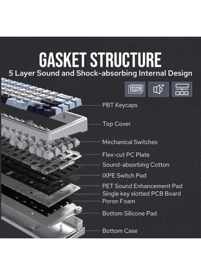 أولا لوحة مفاتيح ميكانيكية لاسلكية AULA F65 بنسبة 65% للألعاب – قابلة لتبديل السويتشات بنظام Gasket، سويتشات Graywood V3 مسبقة التزييت، إضاءة RGB، بلوتوث / 2.4GHz / USB-C، لون أسود - Image 4