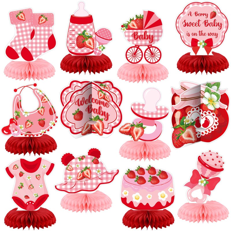 Yuntau 12 Pcs Strawberry Baby Shower Decoration Strawberry Honeycomb Centerpiece a Berry Sweet Baby Is on the Way Table Topper 3D Double Sided Table Decoration for Birthday Baby Shower Party Favors - Image 2