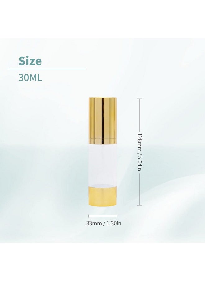 Snowso - 6Pcs 1Oz/30Ml Clear Airless Pump Bottles With Funnel And Labels Sticker Travel Size Dispenser Refillable Cosmetic Containers For Foundations, Cream, Serums, Shampoo (Gold) - Image 1