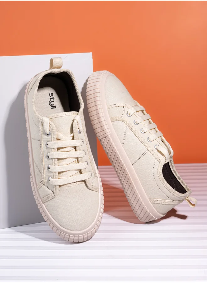 ستايلي Contrast Stitch Casual Canvas Lace Up Sneakers