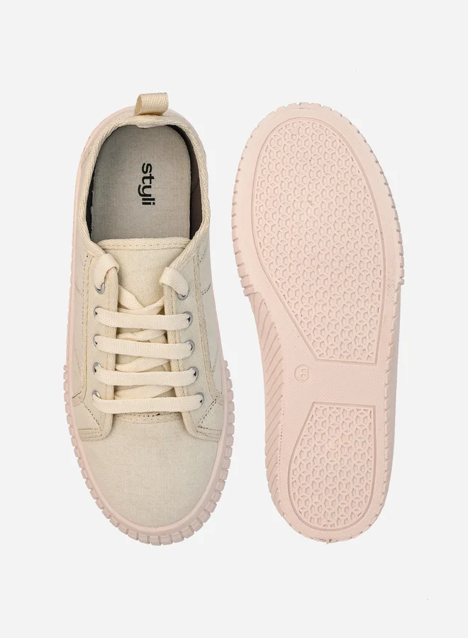 Styli Contrast Stitch Casual Canvas Lace Up Sneakers