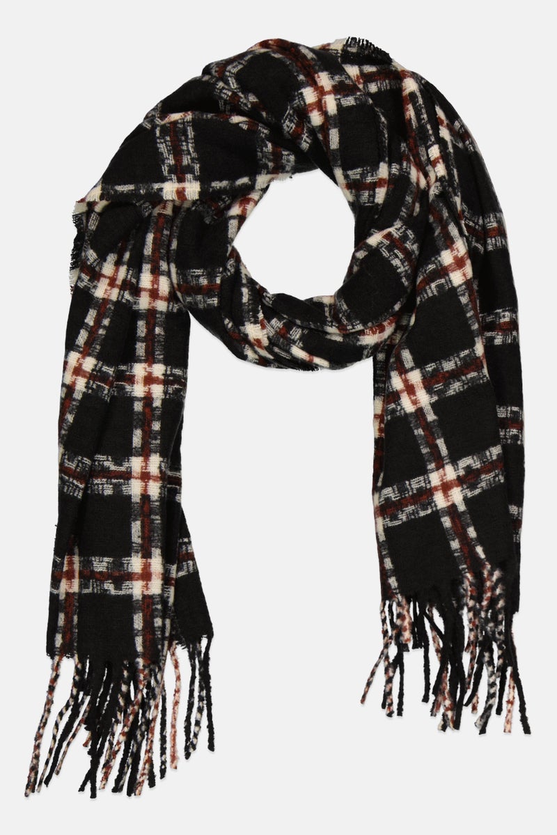 Caracol Women Plaid Scraf With Finges 172 x 65 cm, Black - Image 1