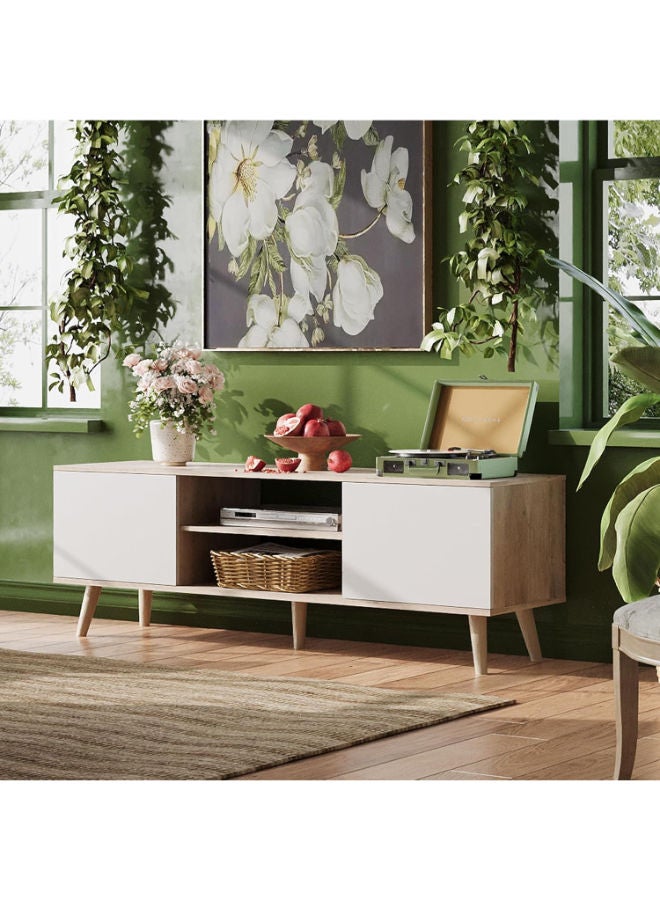 WLIVE Boho TV Stand – Stylish Greige & White Entertainment Center with Storage for 55-60” TVs - Image 1