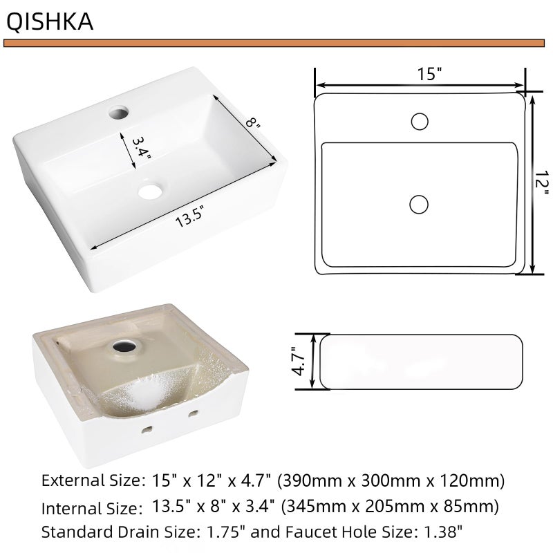 QISHKA حوض غسيل حمام معلق على الحائط، QISHKA 15" × 12" حوض سيراميك مستطيل عائم باللون الأبيض، حوض مدمج مع الحائط للحمام وغرفة الملابس - Image 5