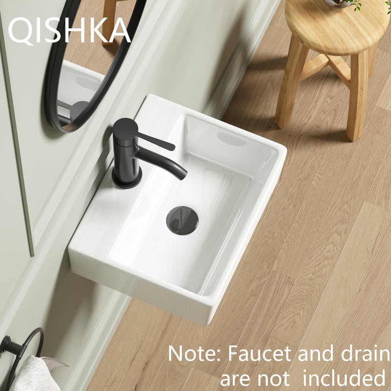 QISHKA حوض غسيل حمام معلق على الحائط، QISHKA 15" × 12" حوض سيراميك مستطيل عائم باللون الأبيض، حوض مدمج مع الحائط للحمام وغرفة الملابس - Image 3