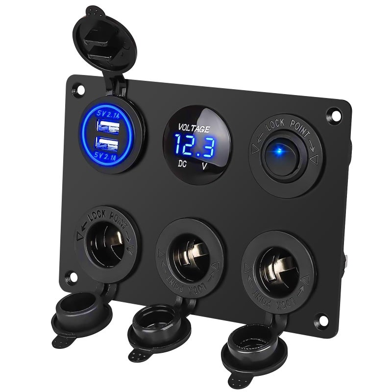 Linkstyle 6 in 1 Charger Socket Panel 3 Cigarette Lighter Splitter with Dual USB Charger Ports LED Voltmeter Rocker Switch for 12V24V Car RV Boat