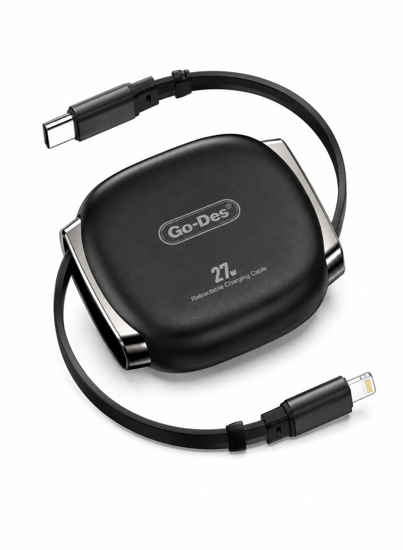 جو-ديز كابل شحن ونقل بيانات سريع قابل للسحب بقوة 27 واط من نوع USB-C إلى Lightning، بطول 1 متر، أسود - Image 1