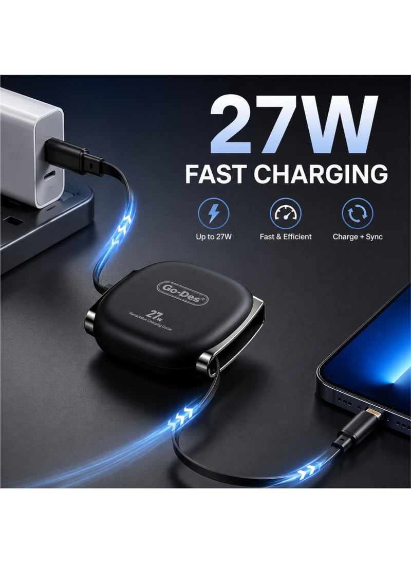 جو-ديز كابل شحن ونقل بيانات سريع قابل للسحب بقوة 27 واط من نوع USB-C إلى Lightning، بطول 1 متر، أسود - Image 3