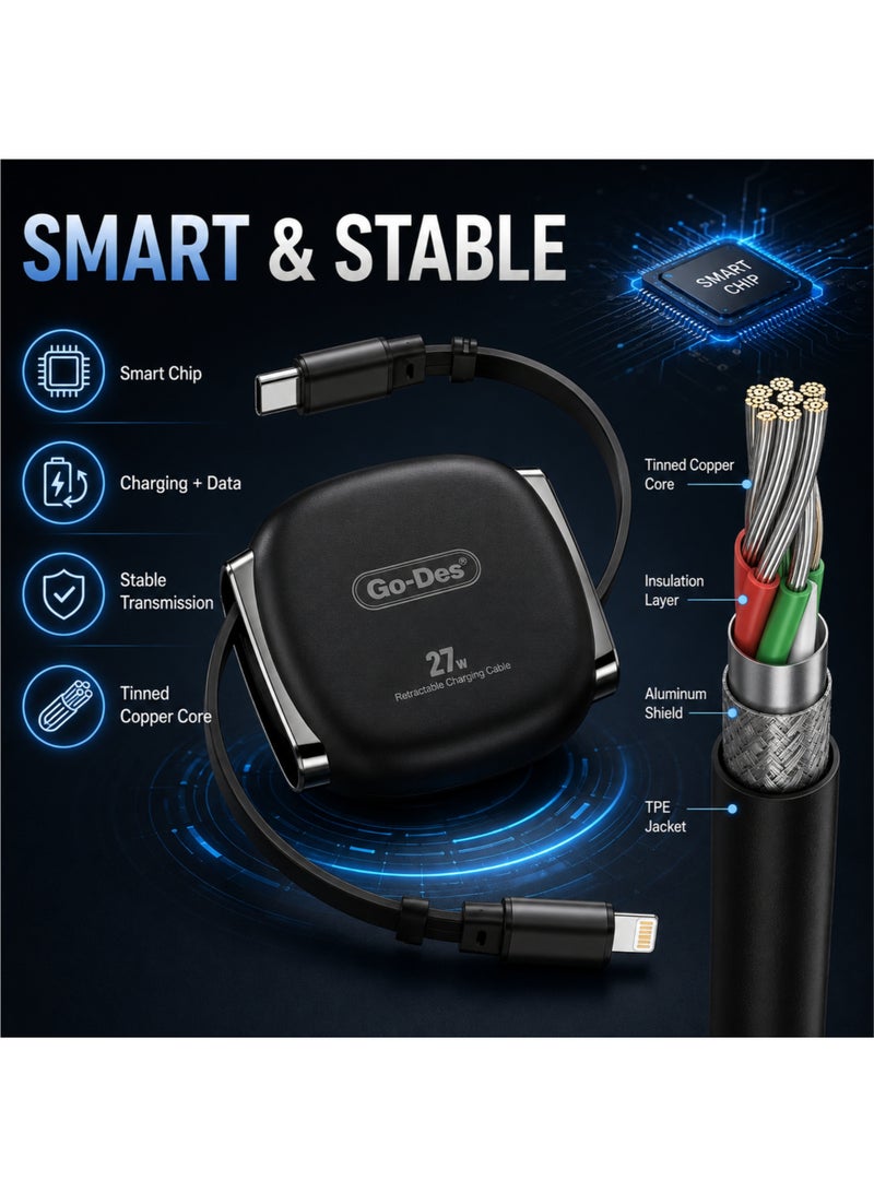 جو-ديز كابل شحن ونقل بيانات سريع قابل للسحب بقوة 27 واط من نوع USB-C إلى Lightning، بطول 1 متر، أسود - Image 5