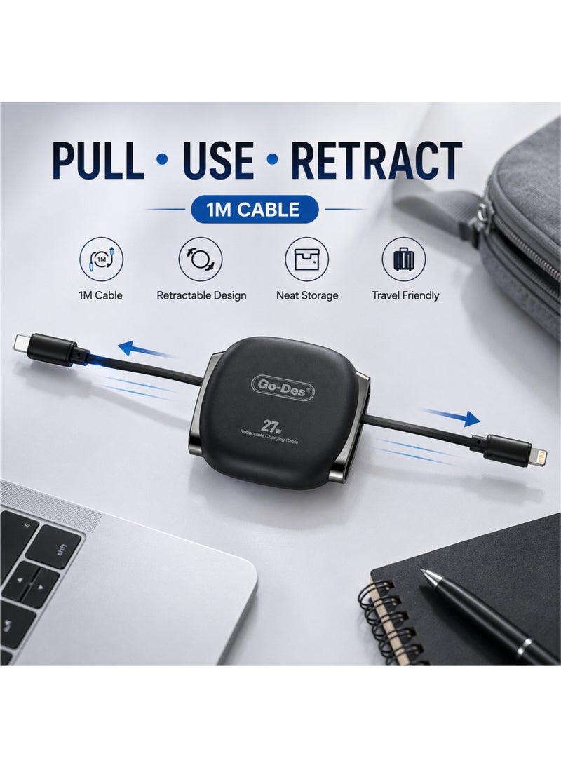 جو-ديز كابل شحن ونقل بيانات سريع قابل للسحب بقوة 27 واط من نوع USB-C إلى Lightning، بطول 1 متر، أسود - Image 4