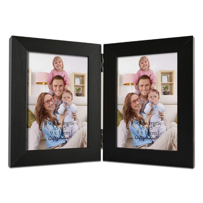 35X5 DOUBLE PICTURE FRAME WITH CLEAR GLASS DISPLAY 35 BY 5 PHOTO HINGED FOLDING FRAMES FOR TABLETOP BLACK