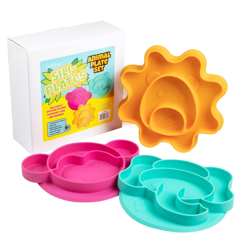 Bentology Toddler Silicone Non-Slip Divided Plates- 3 Difft Fun Designs (Lion, Monkey, Elephant) Large Compartments for Easy Food Training-Unbreakable Dishwasher Microwave Safe-For Baby Kids Food Grade BPA Free - Image 5