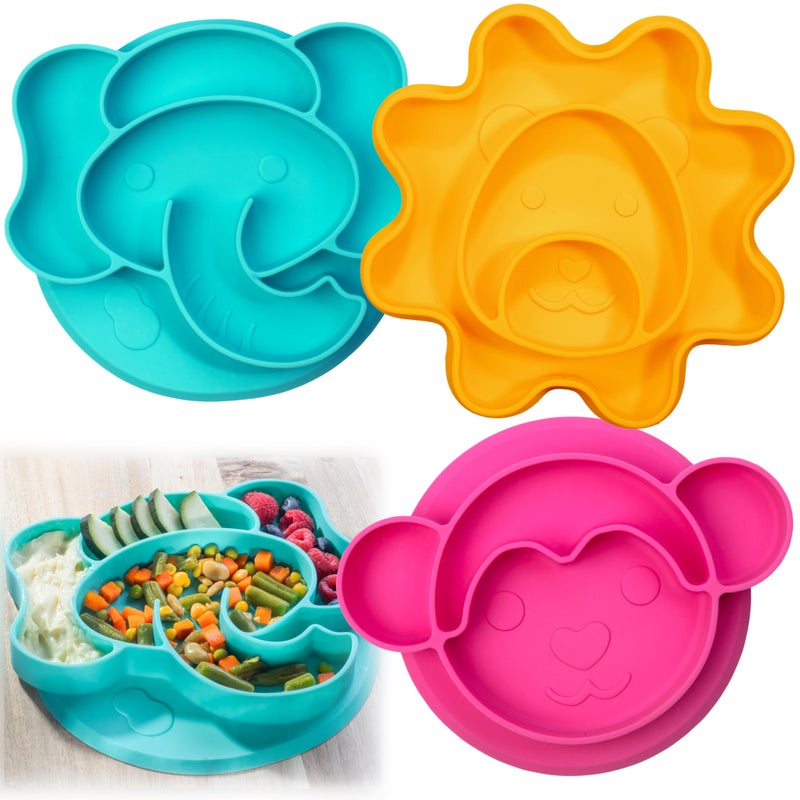 Bentology Toddler Silicone Non-Slip Divided Plates- 3 Difft Fun Designs (Lion, Monkey, Elephant) Large Compartments for Easy Food Training-Unbreakable Dishwasher Microwave Safe-For Baby Kids Food Grade BPA Free - Image 1