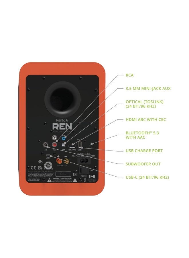 Kanto Audio REN 200W Powered Bookshelf Speakers with HDMI ARC, USB-C, and Bluetooth 5.3-Matte Orange, Pair - Image 4