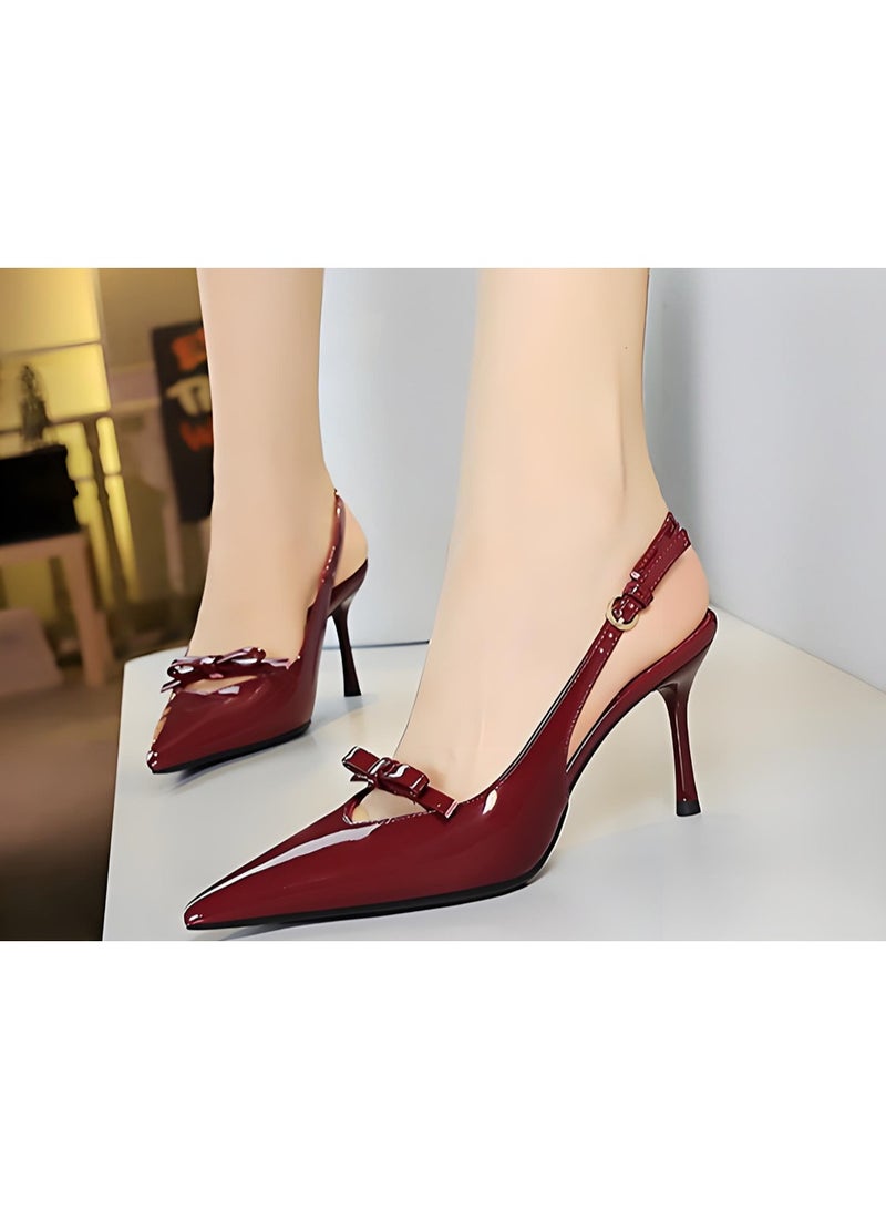 بيج تري المرأة قوس مغلق أشار إصبع القدم مضخات سلينغباك ستيليتو كعب عالي الصنادل النبيذ الأحمر 8CM - Image 3