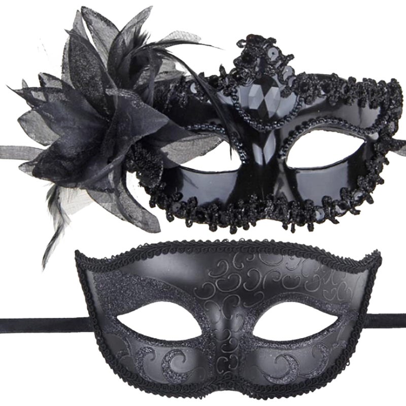 JZS Lace Couple Masquerade Masks - Venetian Halloween, Party, Ball Prom, Mardi Gras Party Decor - Boyfriend, Sister Gift - 2 Pack - Image 1