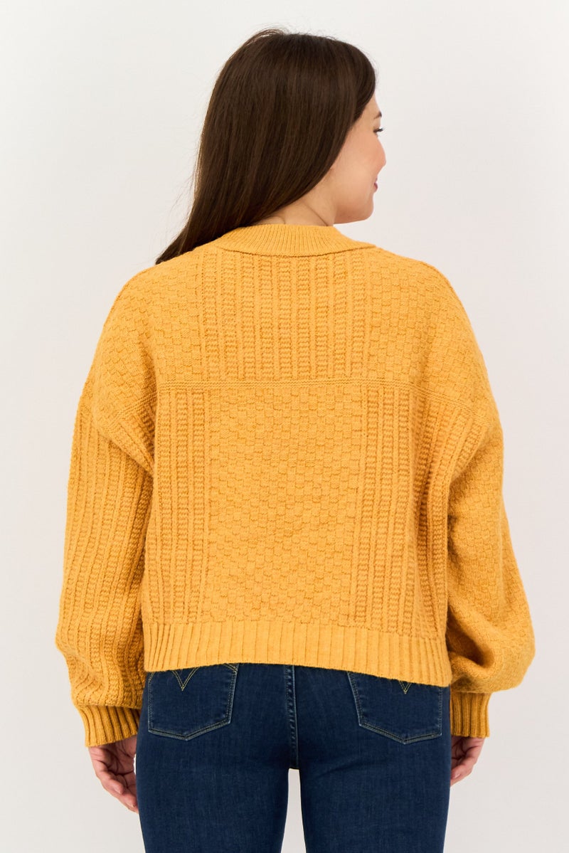 Mohito Women Ribbed Neck Textured Long Sleeve Sweaters, Orange - Image 4