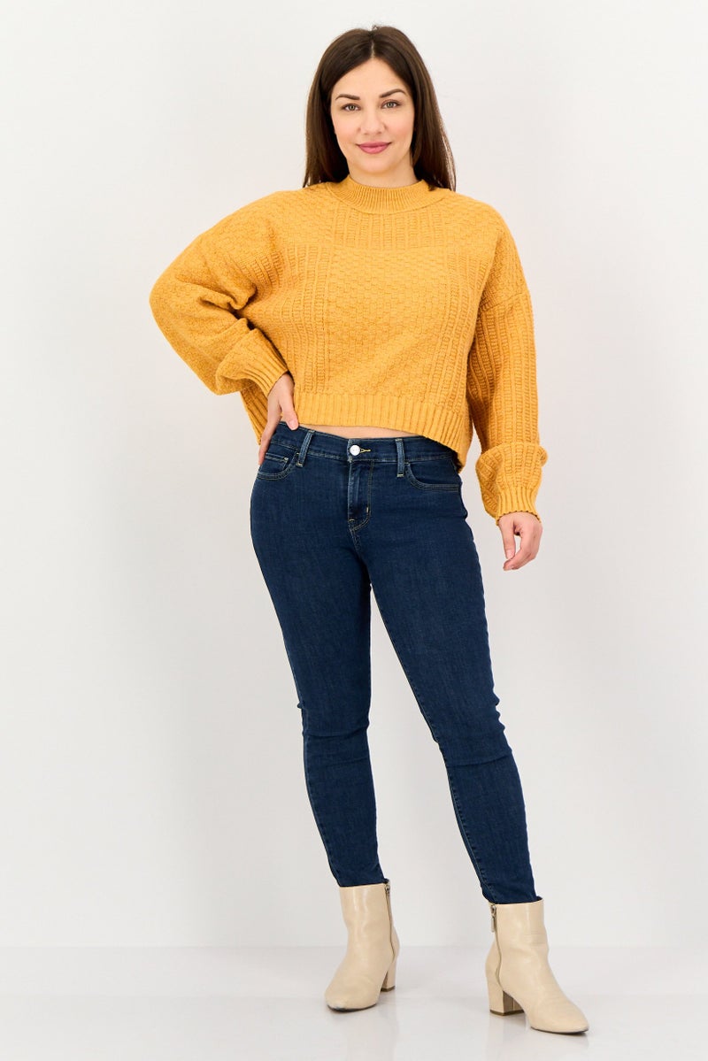 Mohito Women Ribbed Neck Textured Long Sleeve Sweaters, Orange - Image 3