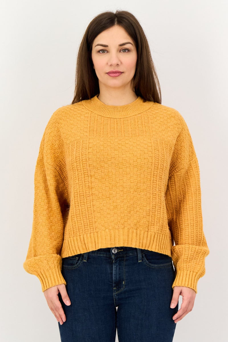Mohito Women Ribbed Neck Textured Long Sleeve Sweaters, Orange - Image 1