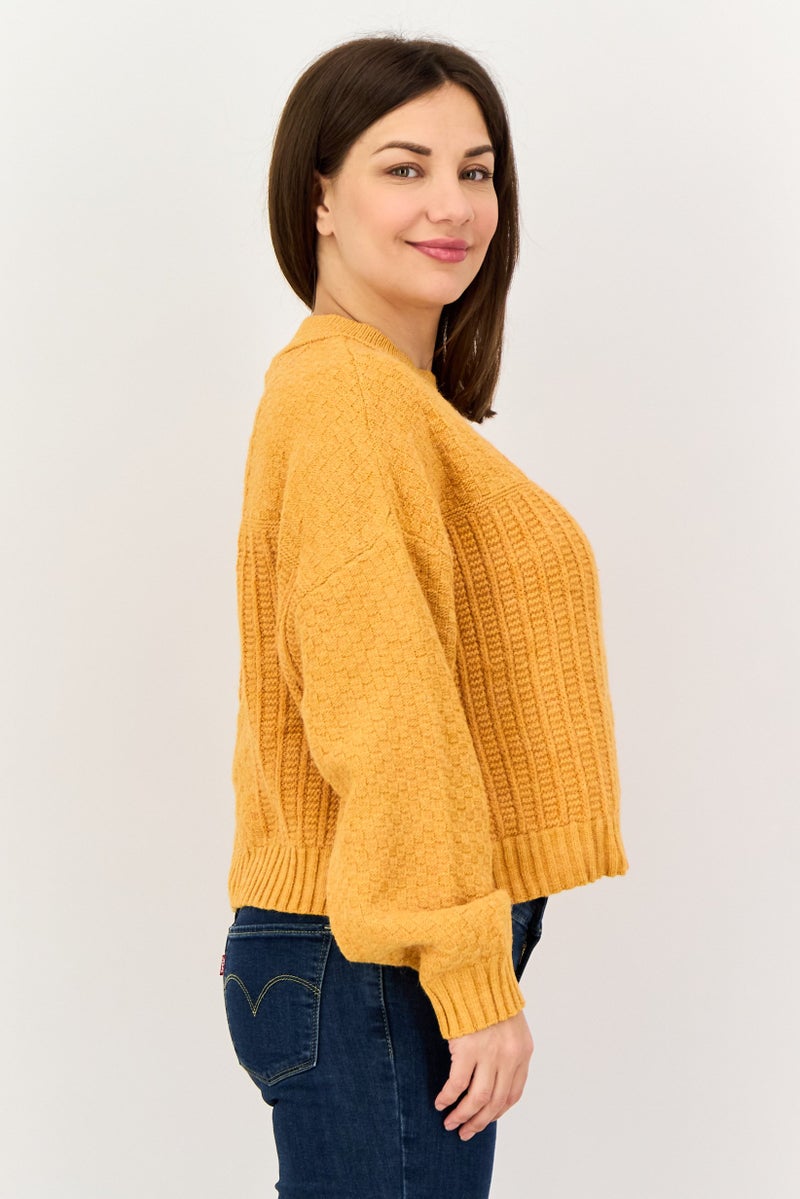 Mohito Women Ribbed Neck Textured Long Sleeve Sweaters, Orange - Image 2