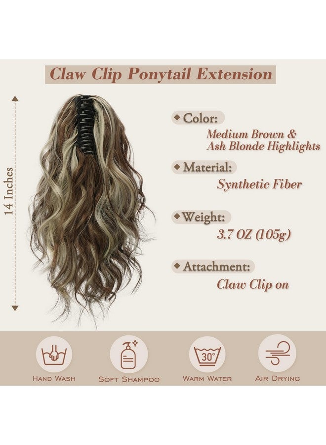 BARSDAR Short Wavy Ponytail Extension - Claw Clip Highlight Ponytail Hair Extensions for Women - 14 Inch Synthetic Claw Clip in Pony Tails Hairpieces Daily Party - Medium Brown & Blonde - Image 2