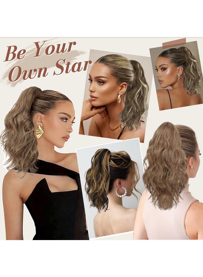 BARSDAR Short Wavy Ponytail Extension - Claw Clip Highlight Ponytail Hair Extensions for Women - 14 Inch Synthetic Claw Clip in Pony Tails Hairpieces Daily Party - Medium Brown & Blonde - Image 5