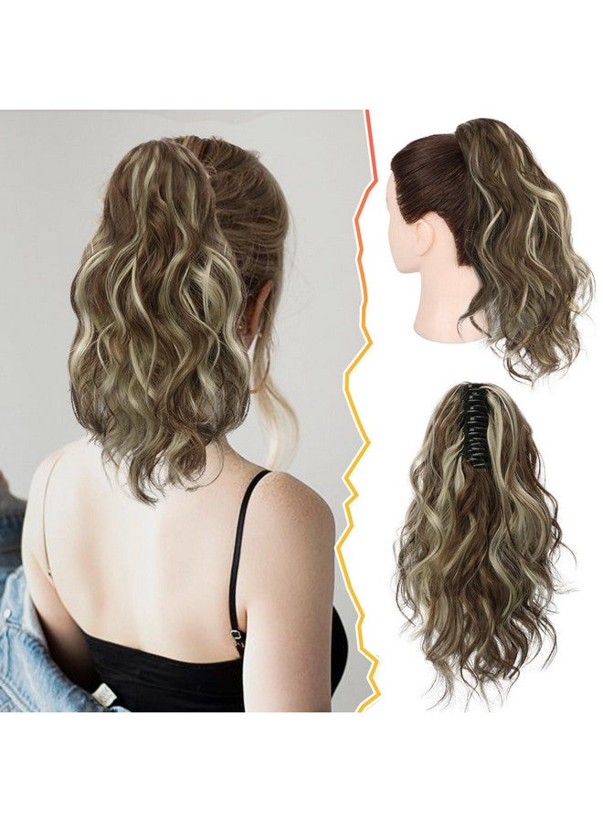 BARSDAR Short Wavy Ponytail Extension - Claw Clip Highlight Ponytail Hair Extensions for Women - 14 Inch Synthetic Claw Clip in Pony Tails Hairpieces Daily Party - Medium Brown & Blonde - Image 1