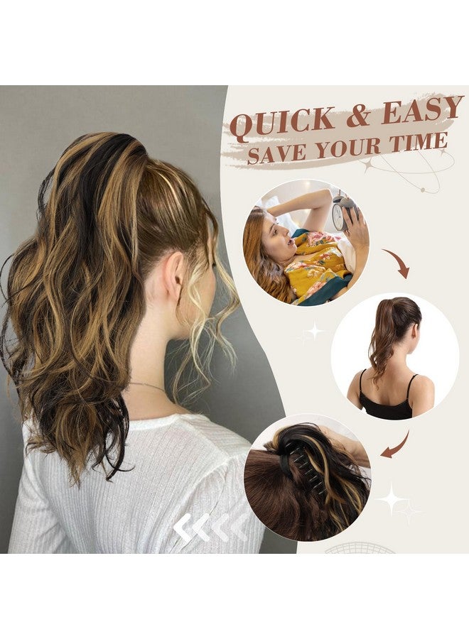 BARSDAR Short Wavy Ponytail Extension - Claw Clip Highlight Ponytail Hair Extensions for Women - 14 Inch Synthetic Claw Clip in Pony Tails Hairpieces Daily Party - Medium Brown & Blonde - Image 3