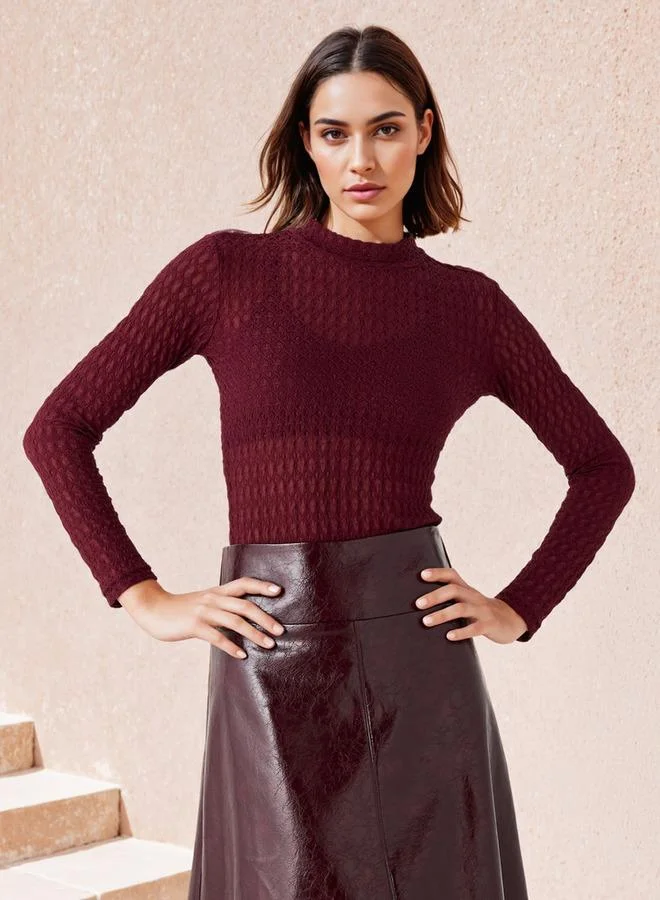 Iconic Iconic Textured High Neck Fitted Top