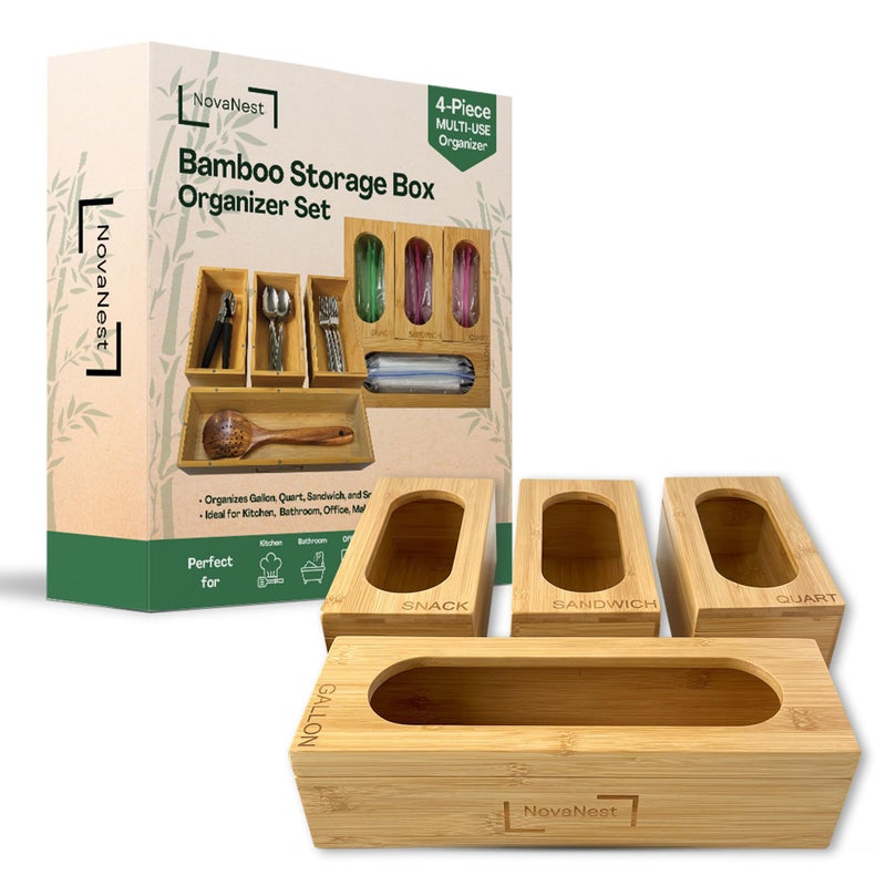 Novanest 4PCS Bamboo Storage Bag Organizer Set Multi-Use Baggie Organizers for Gallon, Quart, Sandwich, Snack Food Bags, Tea Bag, Silverware, Ideal for Kitchen, Office, Makeup, Bathroom, Utensil, Junk Drawer - Image 1