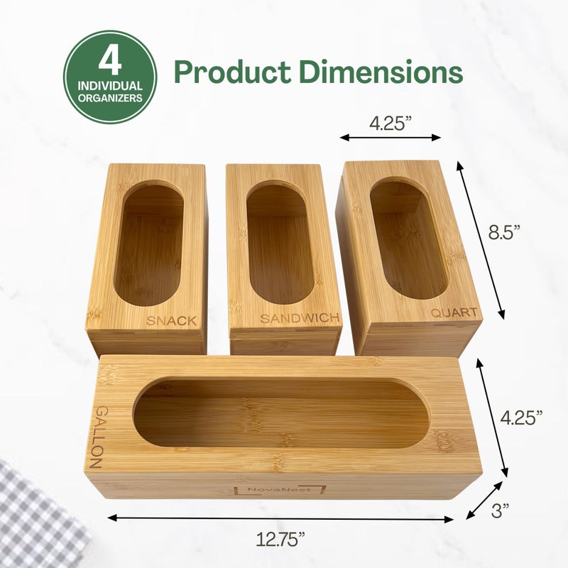 Novanest 4PCS Bamboo Storage Bag Organizer Set Multi-Use Baggie Organizers for Gallon, Quart, Sandwich, Snack Food Bags, Tea Bag, Silverware, Ideal for Kitchen, Office, Makeup, Bathroom, Utensil, Junk Drawer - Image 2