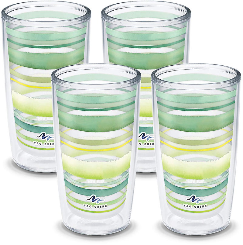 Tervis Yao Cheng Green Crystal Made in USA Double Walled Insulated Tumbler Travel Cup Keeps Drinks Cold  Hot 16oz 4pk Green Blue Stripe
