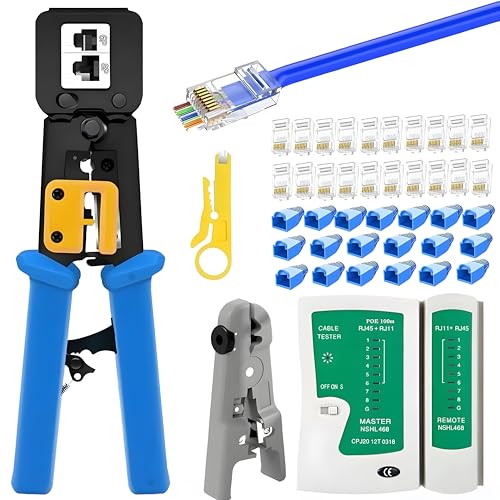 COOLCOLD Crimping Tool RJ45 | Tools Kit, Pass Through Cat5 Cat5e Cat6 Professional Heavy Duty Crimping tool with Lan Tester, Universal Wire Stripper, 20pc Rj45 Connector, 20pc Boot, Wire Cutter - Image 1