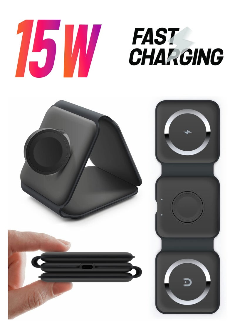 Excefore Wireless Charging, 3 in 1 Wireless Charger,Wireless Magnetic Fast Charging Foldable Dock station Charger for iPhone 13/12/11/8/Pro/Max,for iWatch,forAirPods 3/2/Pro and for Samsung - Image 1