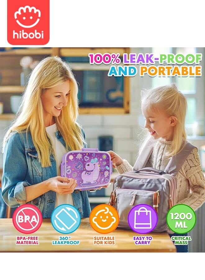 hibobi Kids Dinosaur Lunch Box | Leak-Proof 3-Compartment Bento Box | Food-Grade PP Material | Microwave & Dishwasher Safe | Portable Handle Design | 1200ml Capacity | For Ages 3–10 | Ideal Birthday & Back-to-School Gift - Image 4