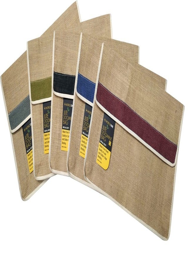 Worldone Jute Document Bag with Velcro Closure for Extra Security, Cotton Edge Binding, Ideal for Use as Office Bag, Size FC, Assorted Strip Color, Pack of 5 - Image 1