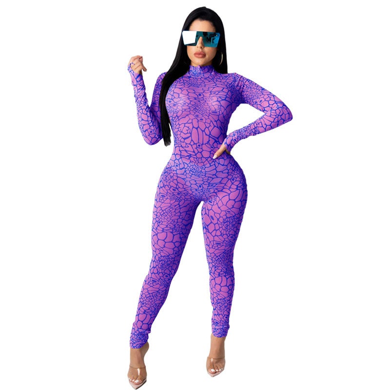 Chic Printed Jumpsuit Long Sleeve Slim Fit Purple - Image 1