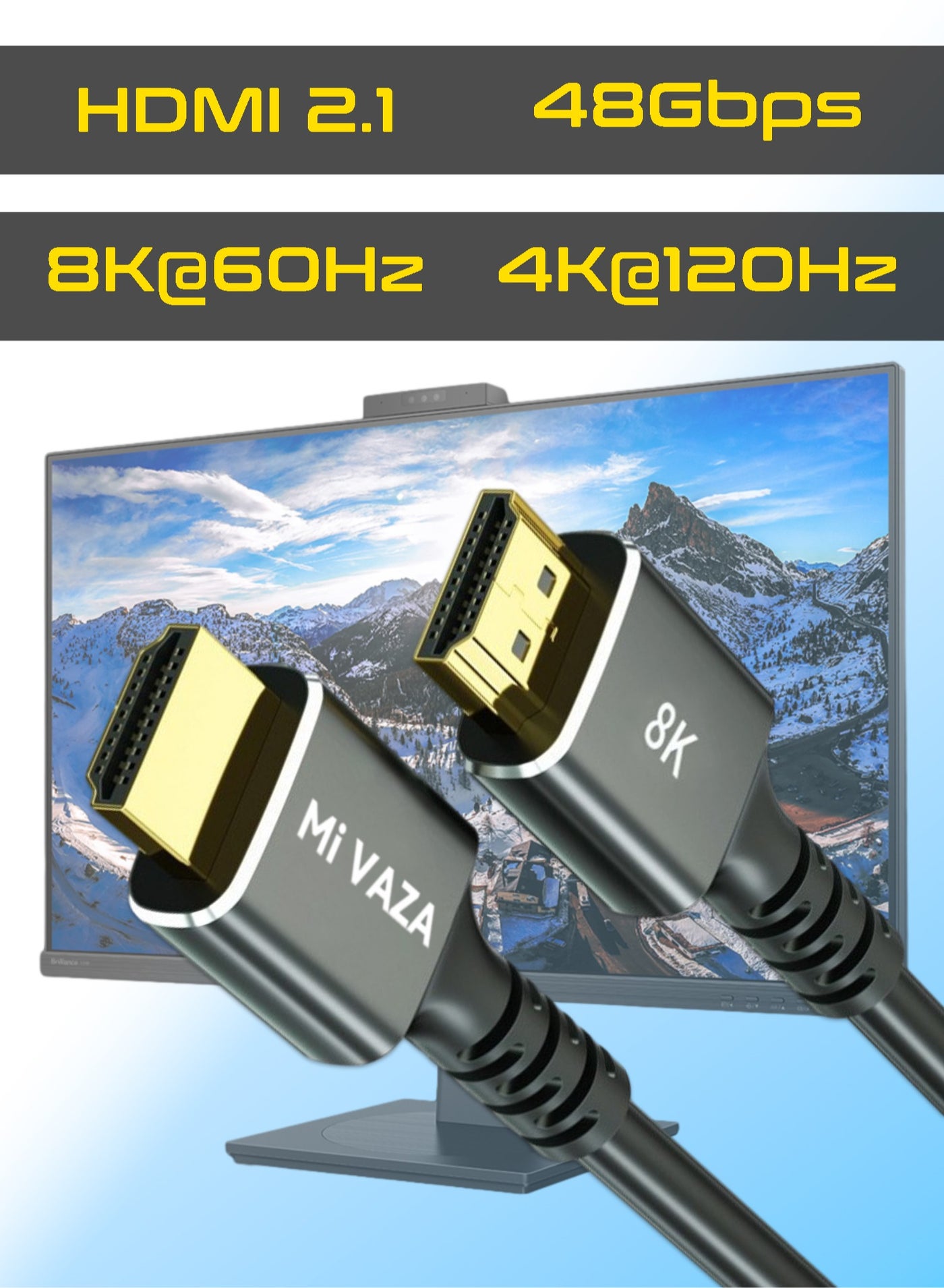 Mi VAZA 8K HDMI 2.1 Cable - Support 8K@60Hz, 4K@120Hz, 2K@240Hz, 1080P@240Hz, 48Gbps, 3D, HDR, HDCP, eARC, Dolby - Ultra High Speed HDMI Cord for Laptop, Computer, Monitor, Projectors, TV, PS4, PS5, Xbox, Switch, HDTV