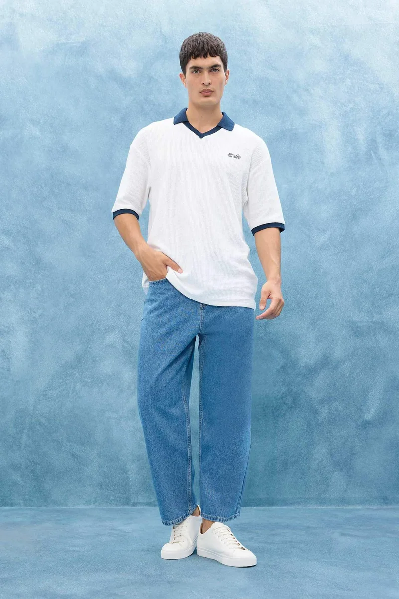 Cotton Tapered Wide Leg Fit Washed Jeans