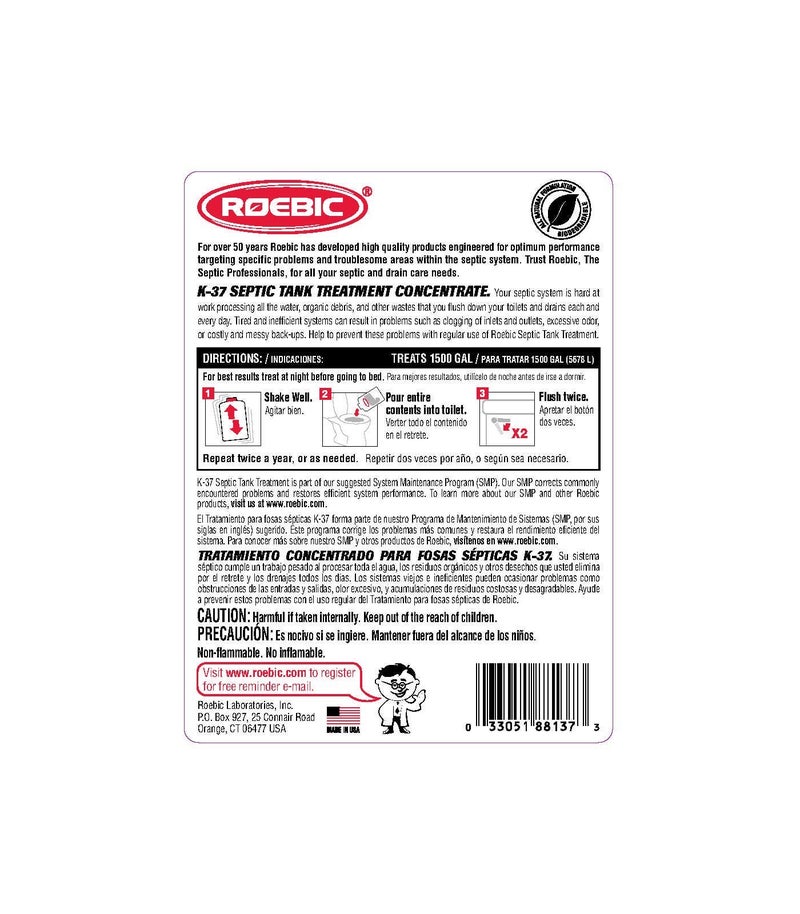 Roebic K-37-Q-C1500-4 Septic Tank Treatment: 32 oz, 16 oz Concentrate, Safe for All Plumbing Systems, Colorless Formula - Image 2
