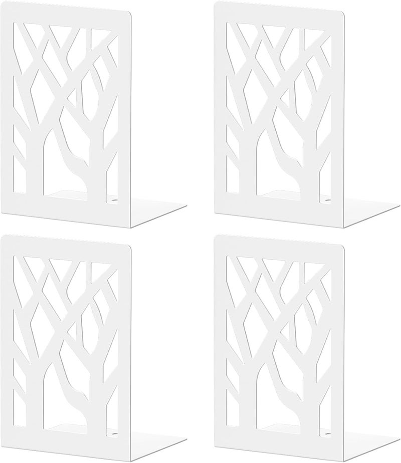 VFINE Withe Bookends, 4 Pieces Tree Design Bookends for Shelves, Metal Book Ends for Desk, Bookshelf Bookends Decoration Stylish Metal Book Ends for Home Office School Supplies - Image 1