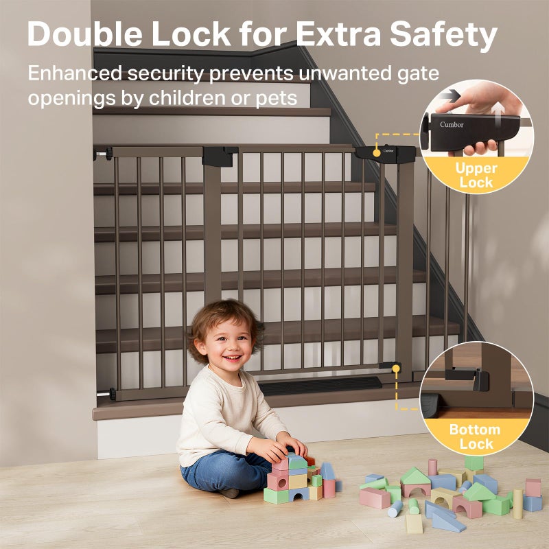Cumbor 29.7â€“51.5" Extra Wide Baby Gate for Stairs, Pressure-Mounted Dog Gates for Doorways & Hallways, Auto-Close Walk-Through, No-Trip Design, Child Proof Safety, Dog/Pet Gate for Indoor Use, Brown - Image 4