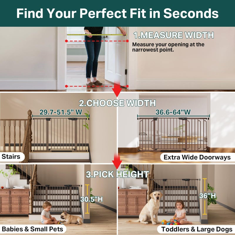 Cumbor 29.7â€“51.5" Extra Wide Baby Gate for Stairs, Pressure-Mounted Dog Gates for Doorways & Hallways, Auto-Close Walk-Through, No-Trip Design, Child Proof Safety, Dog/Pet Gate for Indoor Use, Brown - Image 2