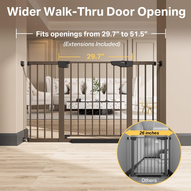 Cumbor 29.7â€“51.5" Extra Wide Baby Gate for Stairs, Pressure-Mounted Dog Gates for Doorways & Hallways, Auto-Close Walk-Through, No-Trip Design, Child Proof Safety, Dog/Pet Gate for Indoor Use, Brown - Image 3