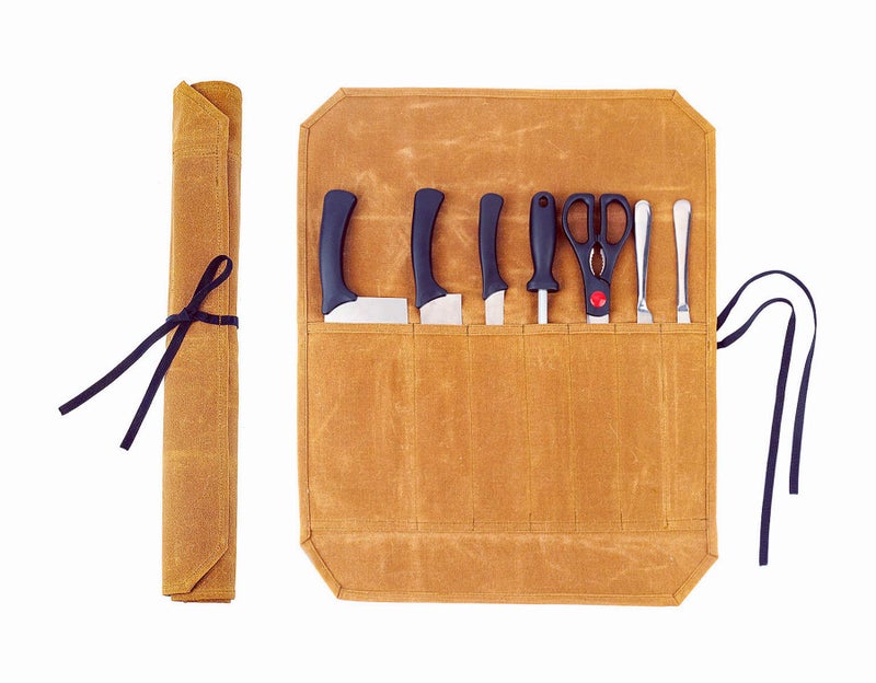 Denifiter Knife Cases OrganizerDurable 16OZ Waxed Canvas Knife Roll Construction7 Pockets Khaki