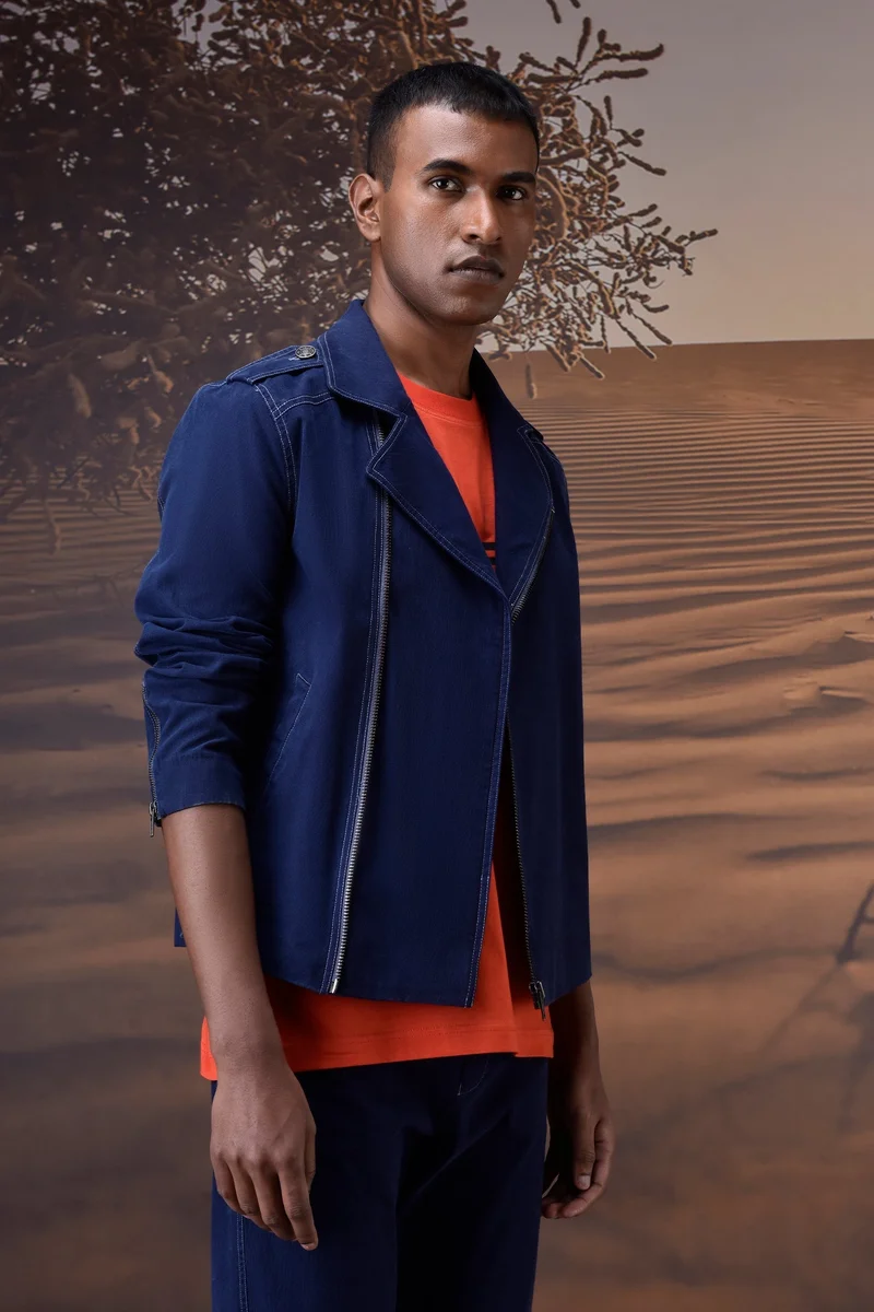 Genes Lecoanet Hemant Structured Navy Moto-Collar Jacket