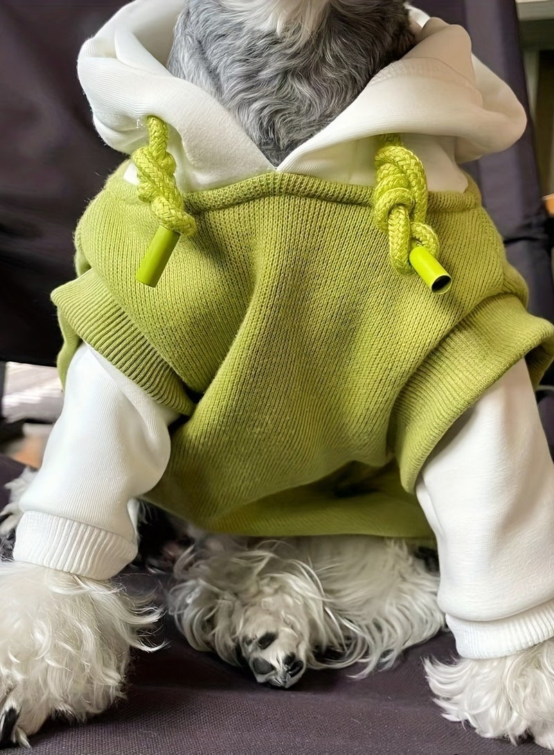 general Pet Spring and Autumn New Style Small Dog Cute Trendy Outfit - Green and White Split Color Light Hoodie with Drawstring - Image 5