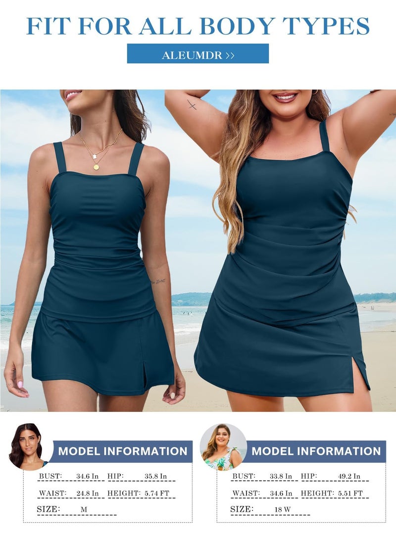 Aleumdr Retro Vintage Ruched Tankini Bathing Suits for Women Square Neck 2 Piece Swimsuit Blue Large - Image 5